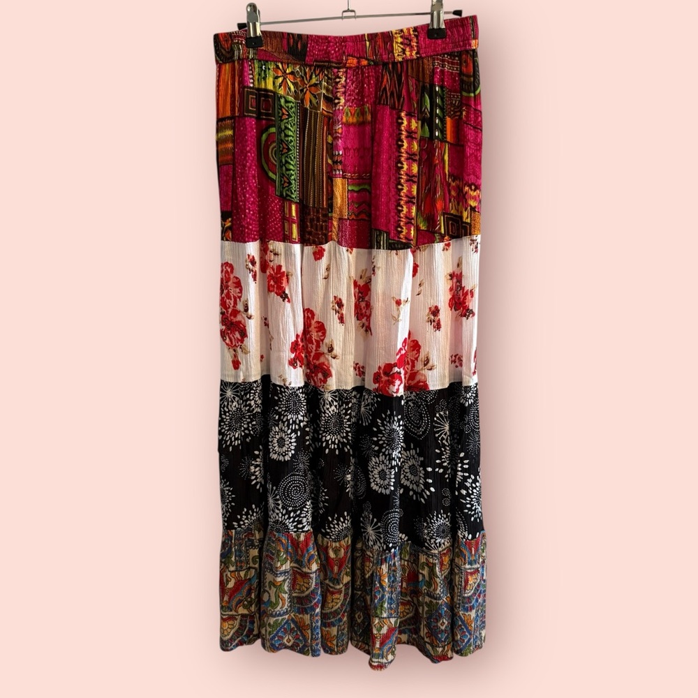Vintage Patchwork Tiered Maxi Skirt Boho Multicolor Elastic Waist